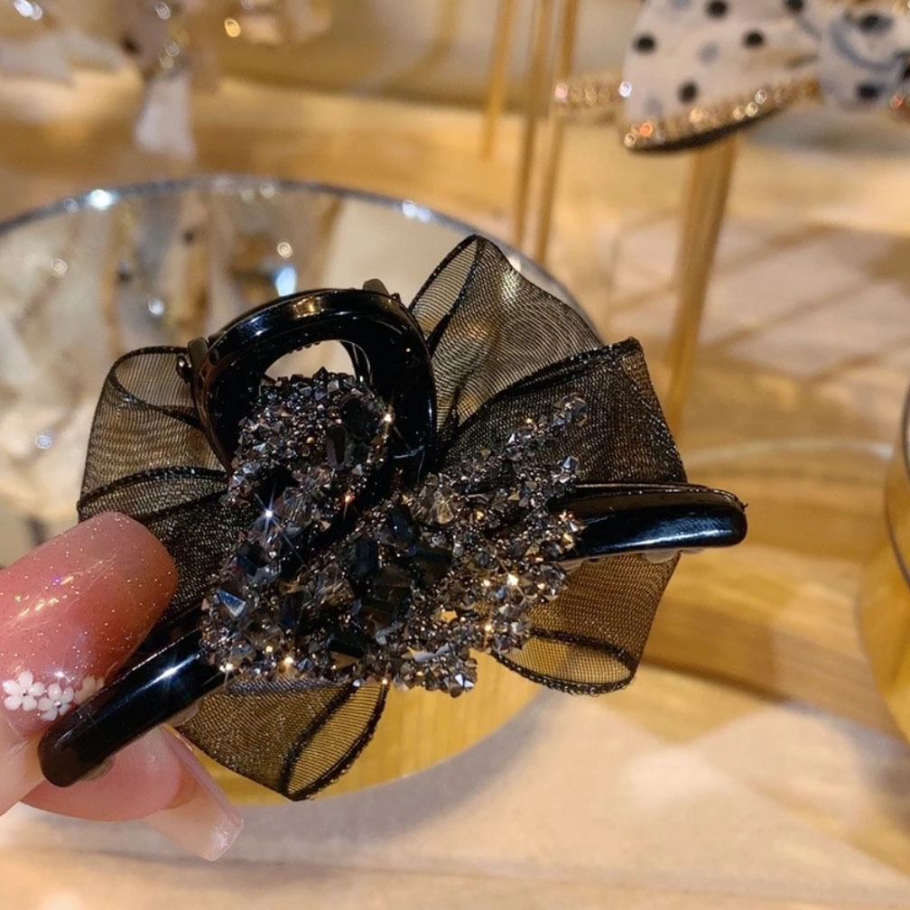 Full Diamond Black Swan Organza Medium Size Hair Claw Bang Clip Broken Hair Clip Claw Full Diamond Bow Tie Top Clip Hair Accessories