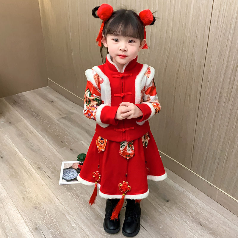 儿童唐装中国风超仙襦裙冬装加厚古装新年拜年服韩国发卡加长可编发