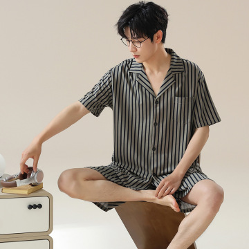 莫代尔睡衣男士春夏季开衫短袖短裤薄款家居服休闲中青年男生套装
