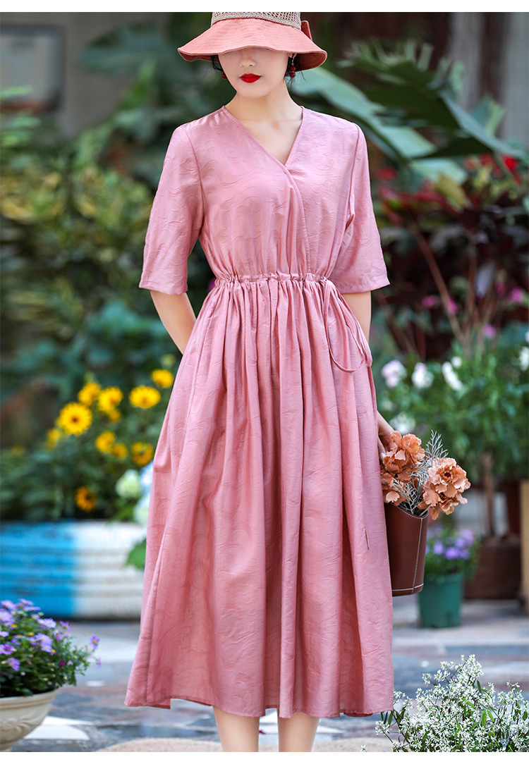 净色天丝棉连衣裙2021春夏新款休闲文艺风v领中袖收腰两件套裙子