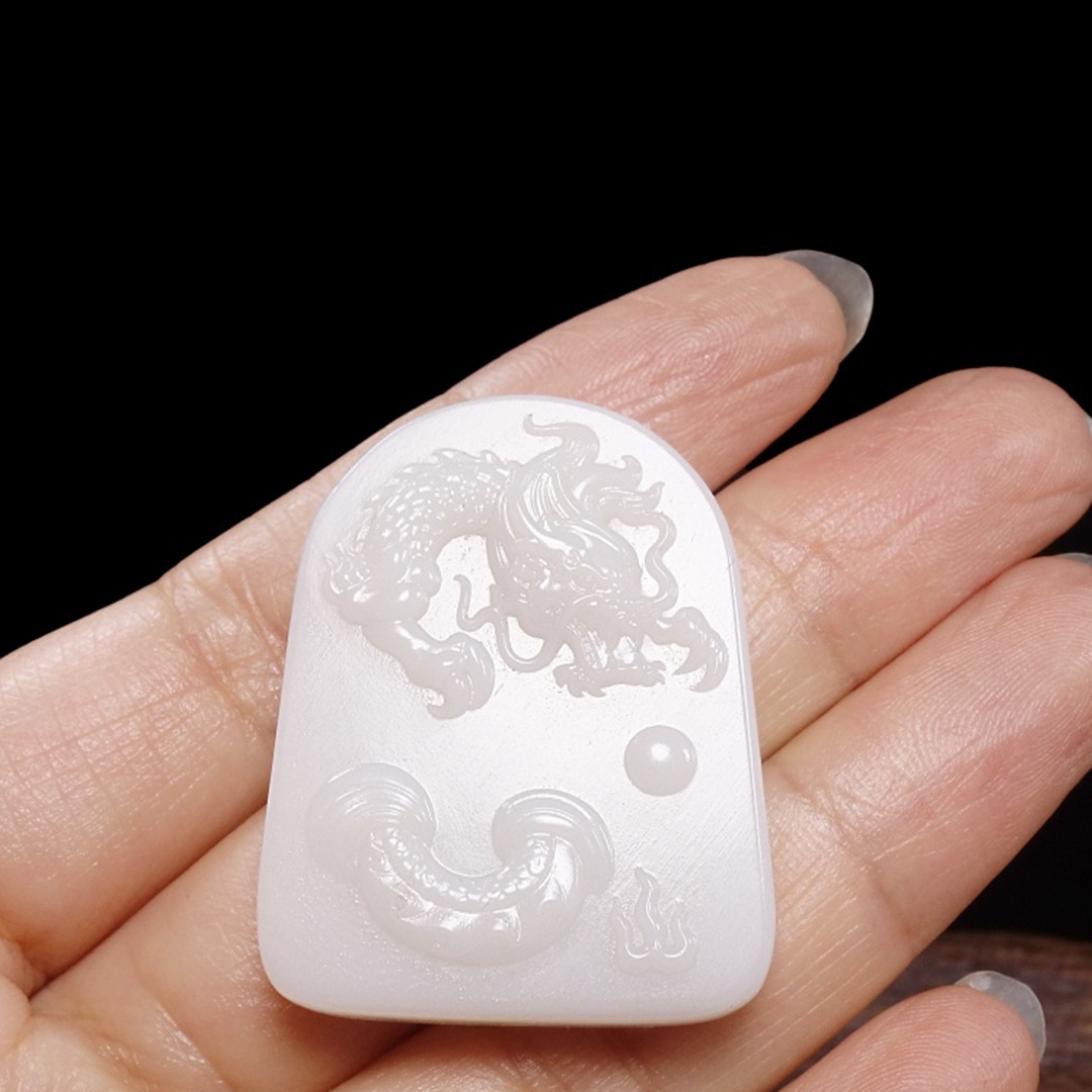 和田玉白玉龙牌吊坠男女款玉坠男士玉牌龙腾盛世平安无事牌玉挂件