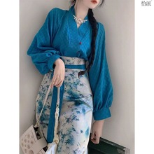 春季新中式国风汉元素改良明制汉服蓝色连衣裙子女茶系穿搭两件套