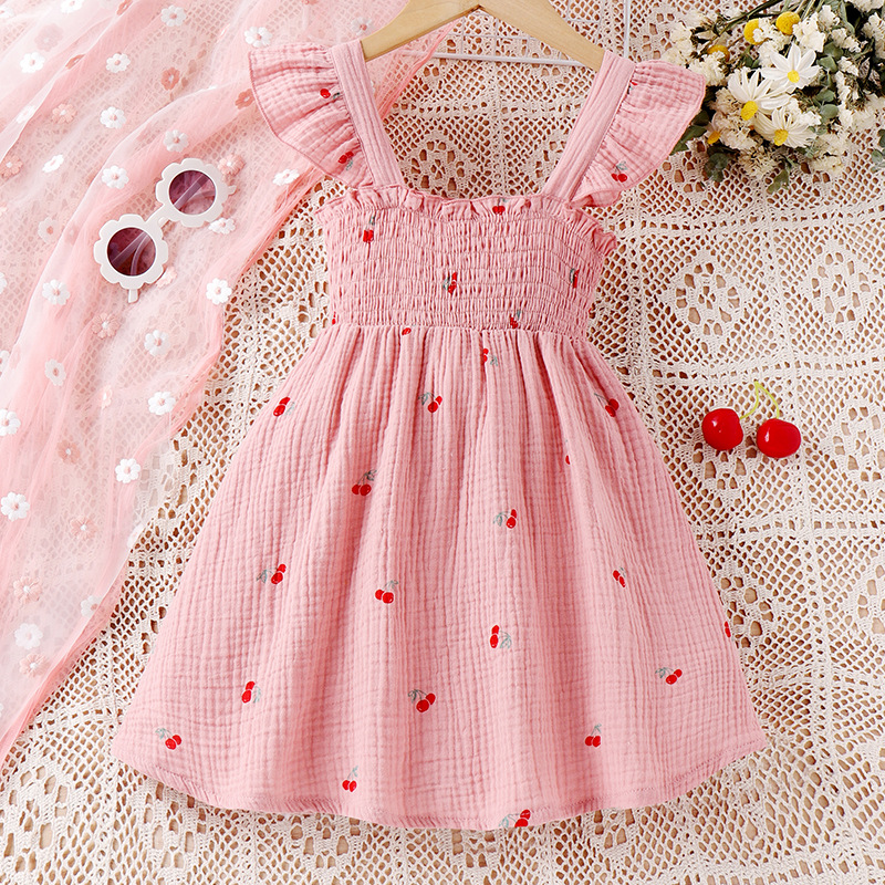 跨境欧美春夏女童儿童套装中小童粉红飞袖可爱风连衣裙公主裙新款