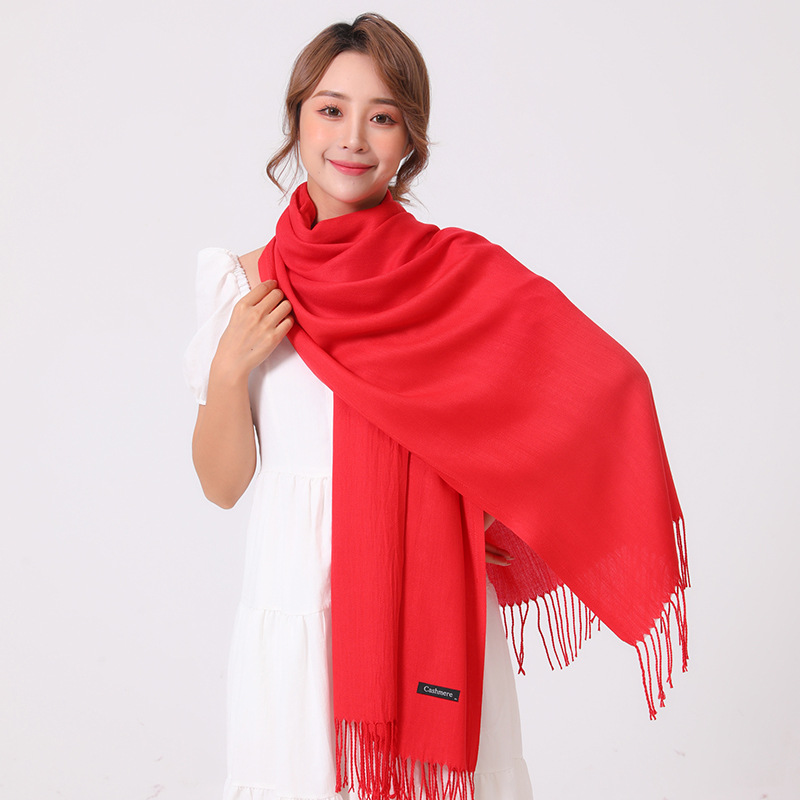 可刺绣logo纯大红色仿羊绒中国围巾披肩女士年会送礼春秋时尚冬季
