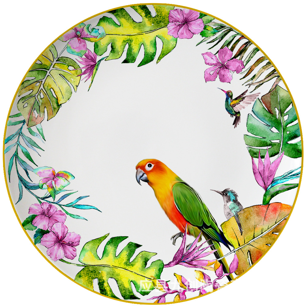 创意陶瓷釉上彩餐具 手绘鹦鹉家用菜盘子面碗牛奶杯 咖啡杯碟套装