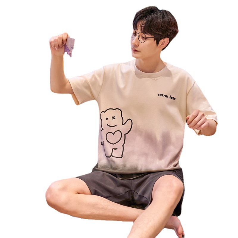 Pajamas Men's Summer Cotton Short Sleeve Shorts Suit Teenagers Korean Cartoon Student Homewear Summer Can Be Worn outside