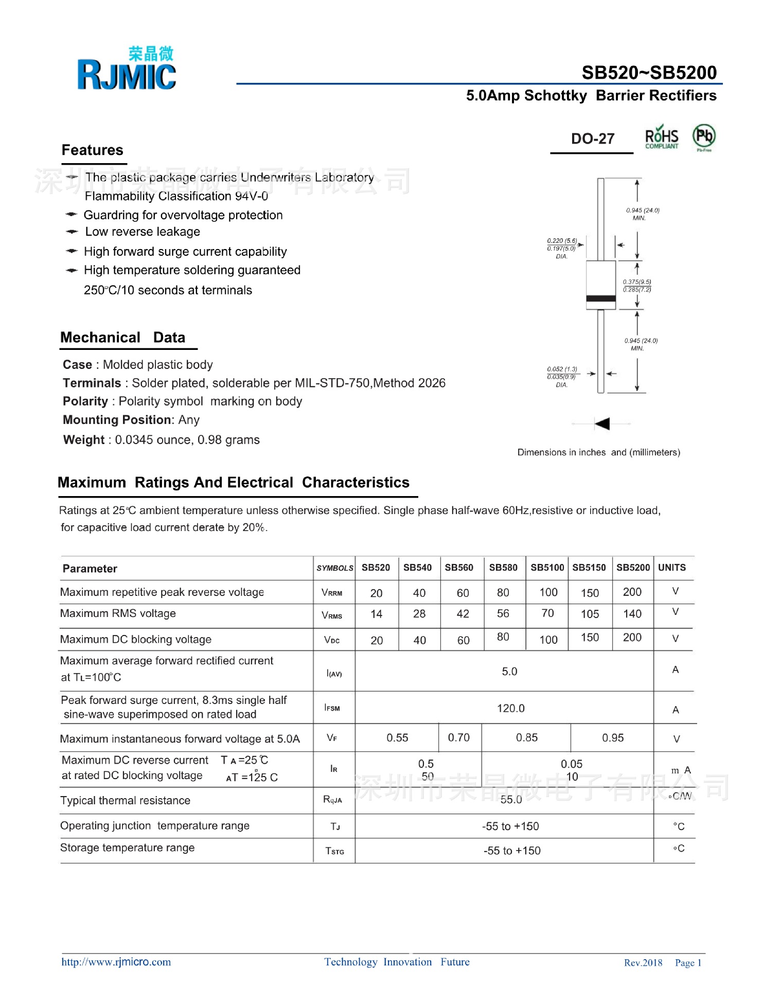 工厂现货供应肖特基二极管 sr5150(sb5150) do-201ad