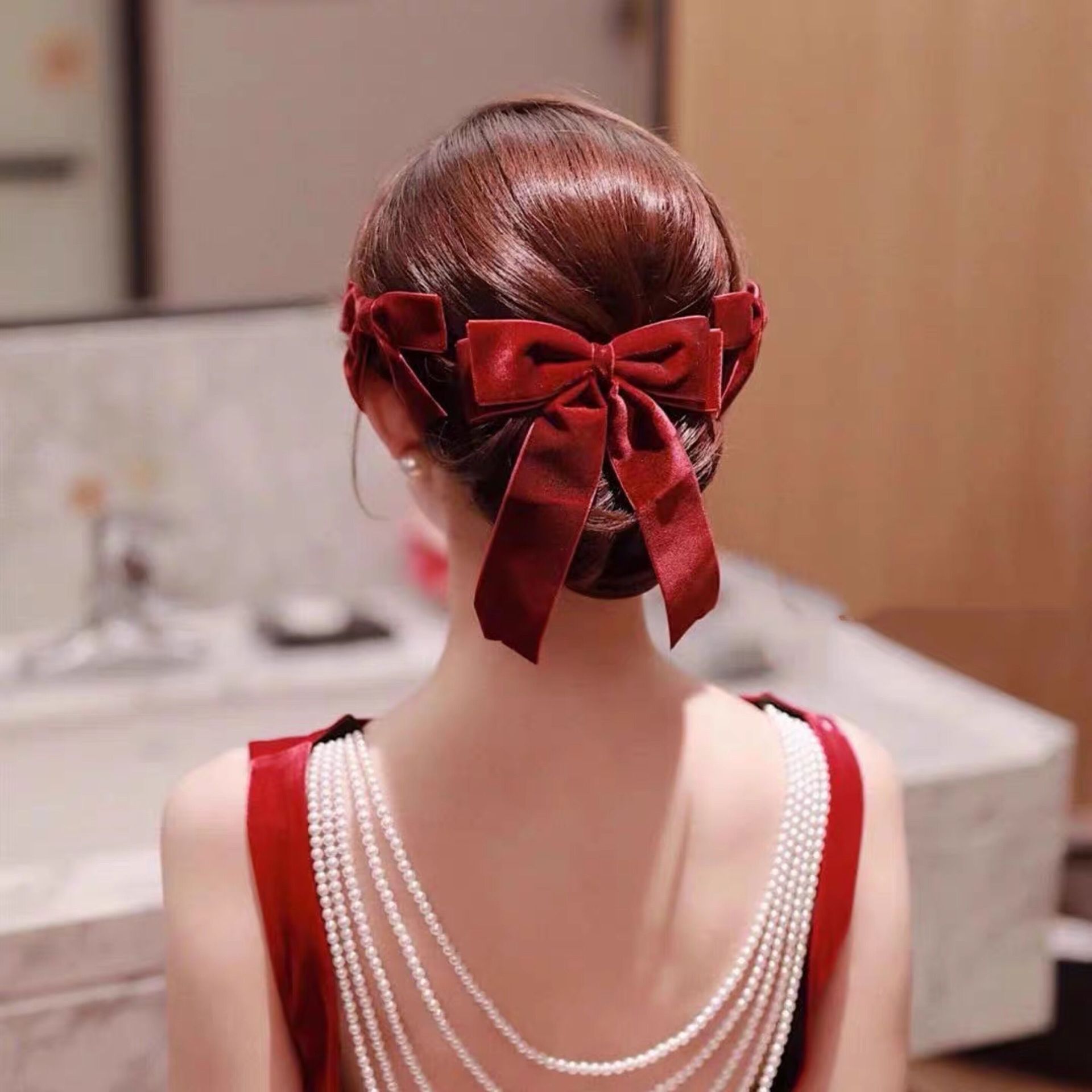 韩版简约气质酒红色丝绒蝴蝶结头饰套装发夹时尚复古百搭发夹发带