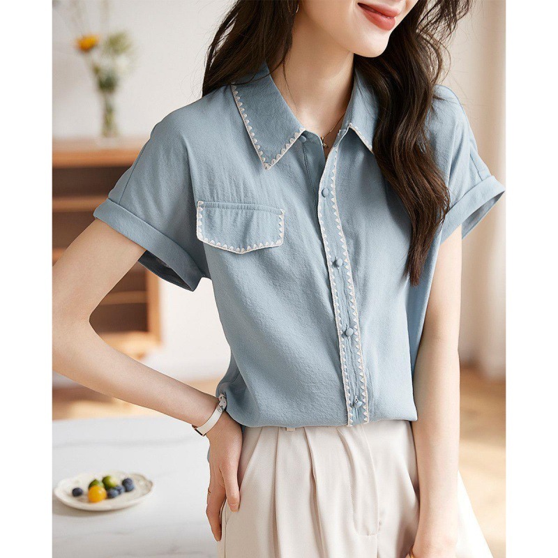 简约衬衣女2023夏季新款韩版质感连肩薄款短袖女衬衫-阿里巴巴