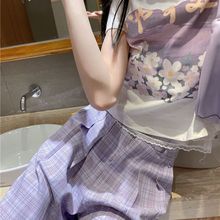 盐系套装女学生韩版宽松夏季设计紫色高腰阔腿裤印花短袖两件套女