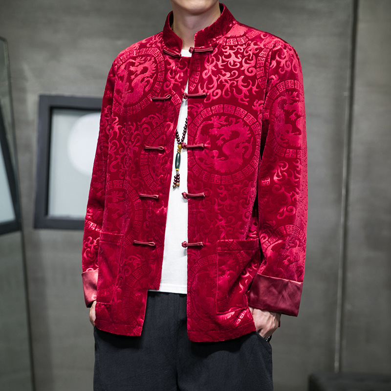 速卖通2023秋冬中国风男装盘扣提花中式唐装汉服夹克外套现货批发