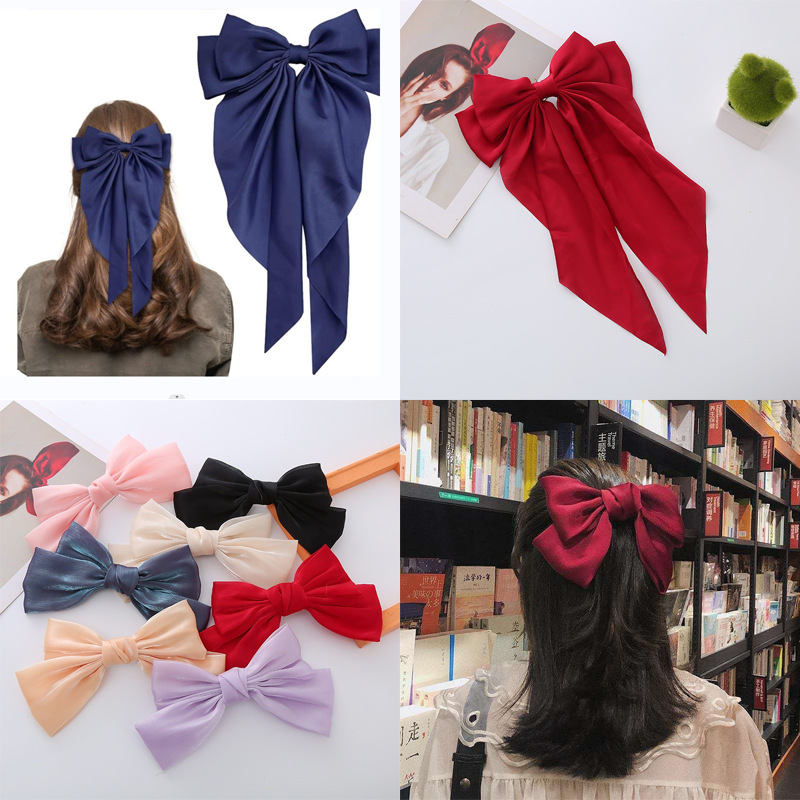 mermaid pearl satin bow barrettes women‘s back head clip head clip high-grade bow tie hairpin spring clip