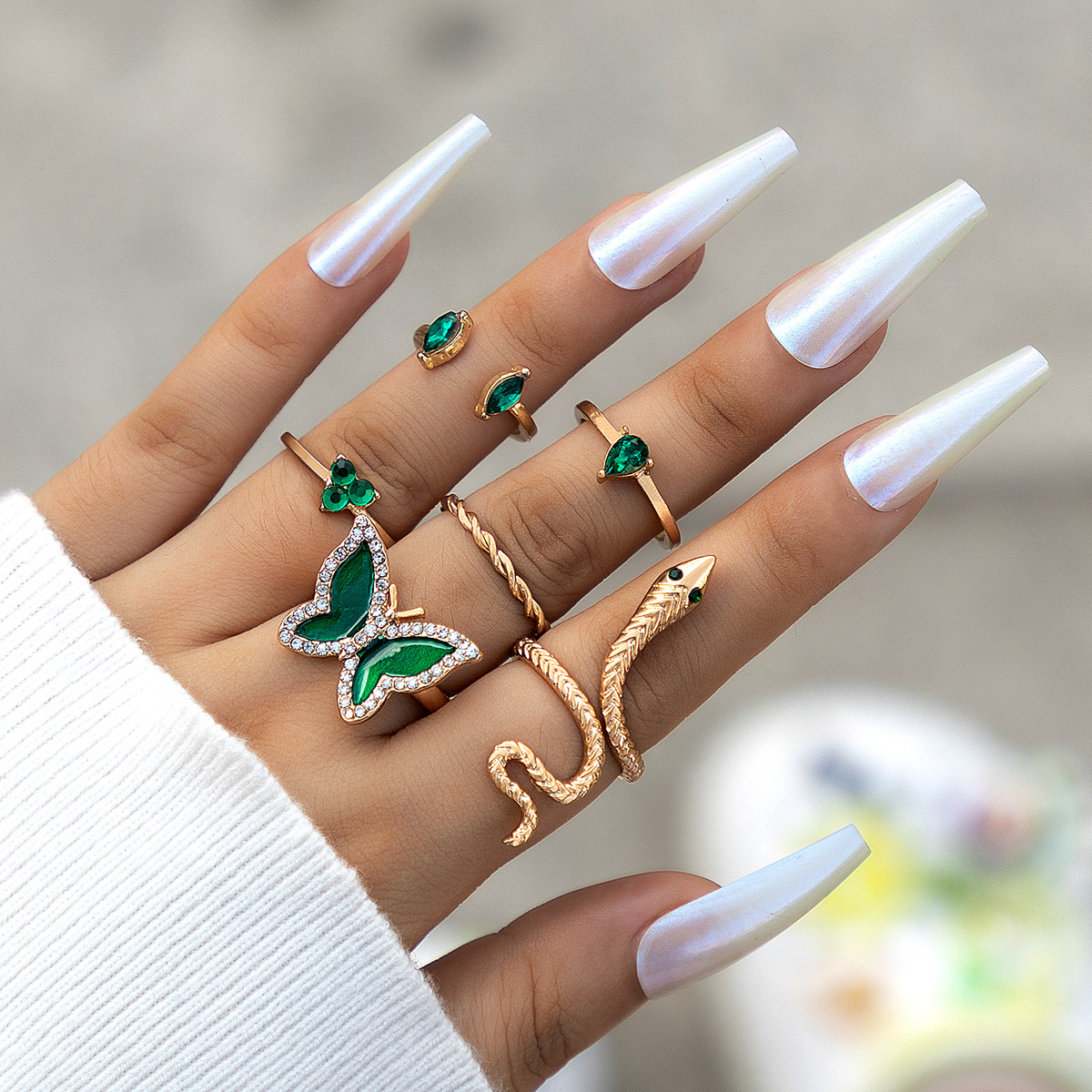 European and American Entry Lux Ornament Green Butterfly Diamond Snake Ring Six-Piece Water Drop Imitation Emerald Ring Set