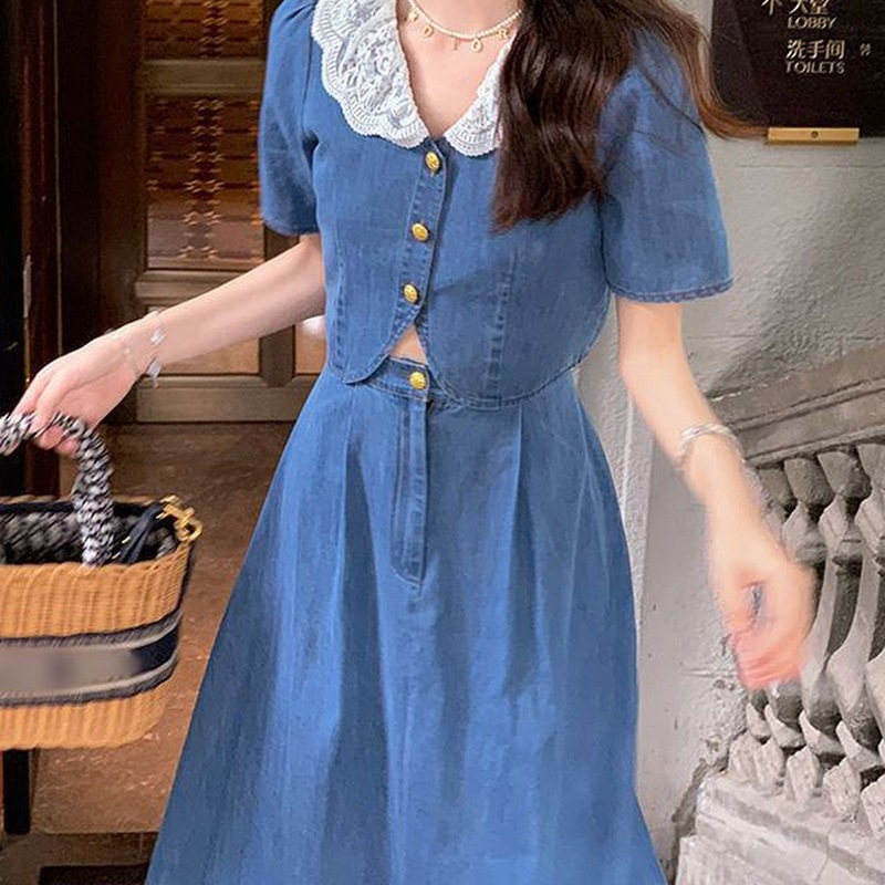 夏季套装女法式复古蕾丝蓝色连衣裙套装知性气质字裙