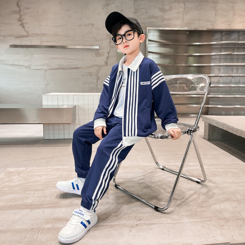 男童套装2022春季新款条纹拉链翻领休闲时尚中大童帅气运动潮童男