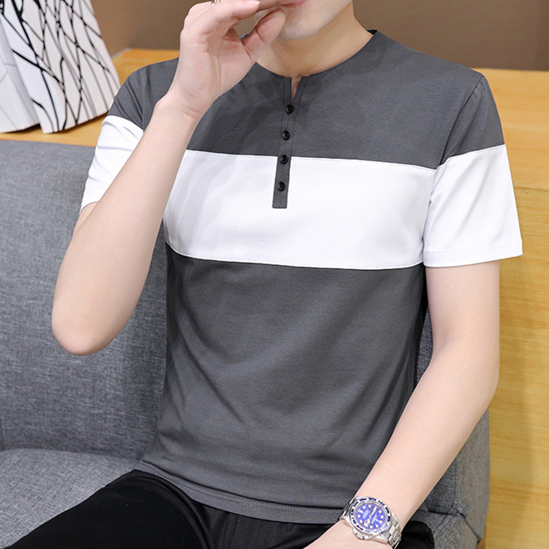 男士短袖t恤2021夏季新款男生打底衫纽扣无领潮牌上衣服纯棉体恤