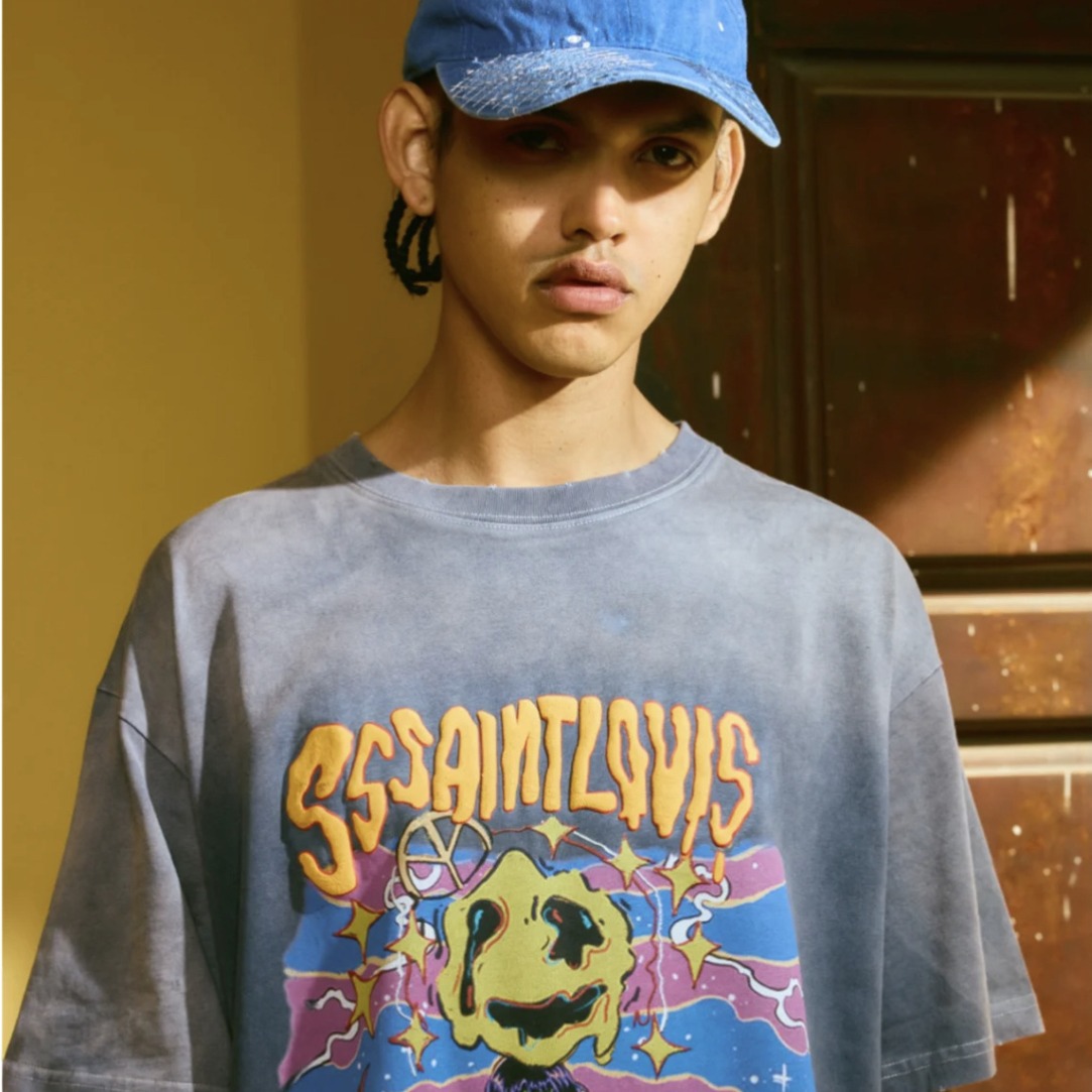 saint michael cho摇滚外星人系列印花休闲圆领短袖做旧灰色t恤夏