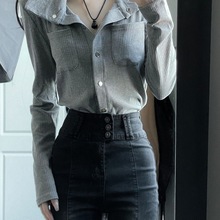 灰色内搭打底衫女春季小众设计感新款韩版衬衫气质别致长袖上衣潮