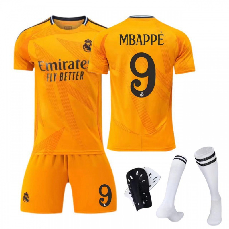 2425皇马客场足球服套装橙色9号姆巴佩球衣带袜子5贝林厄姆外贸厂
