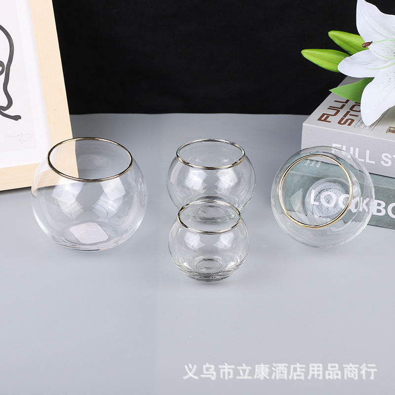 Factory Full Box Wholesale Glass Ball Fish Tank Advanced Art Golden Edge Mini Fish Bowl Good-looking Windproof Candlestick Cup