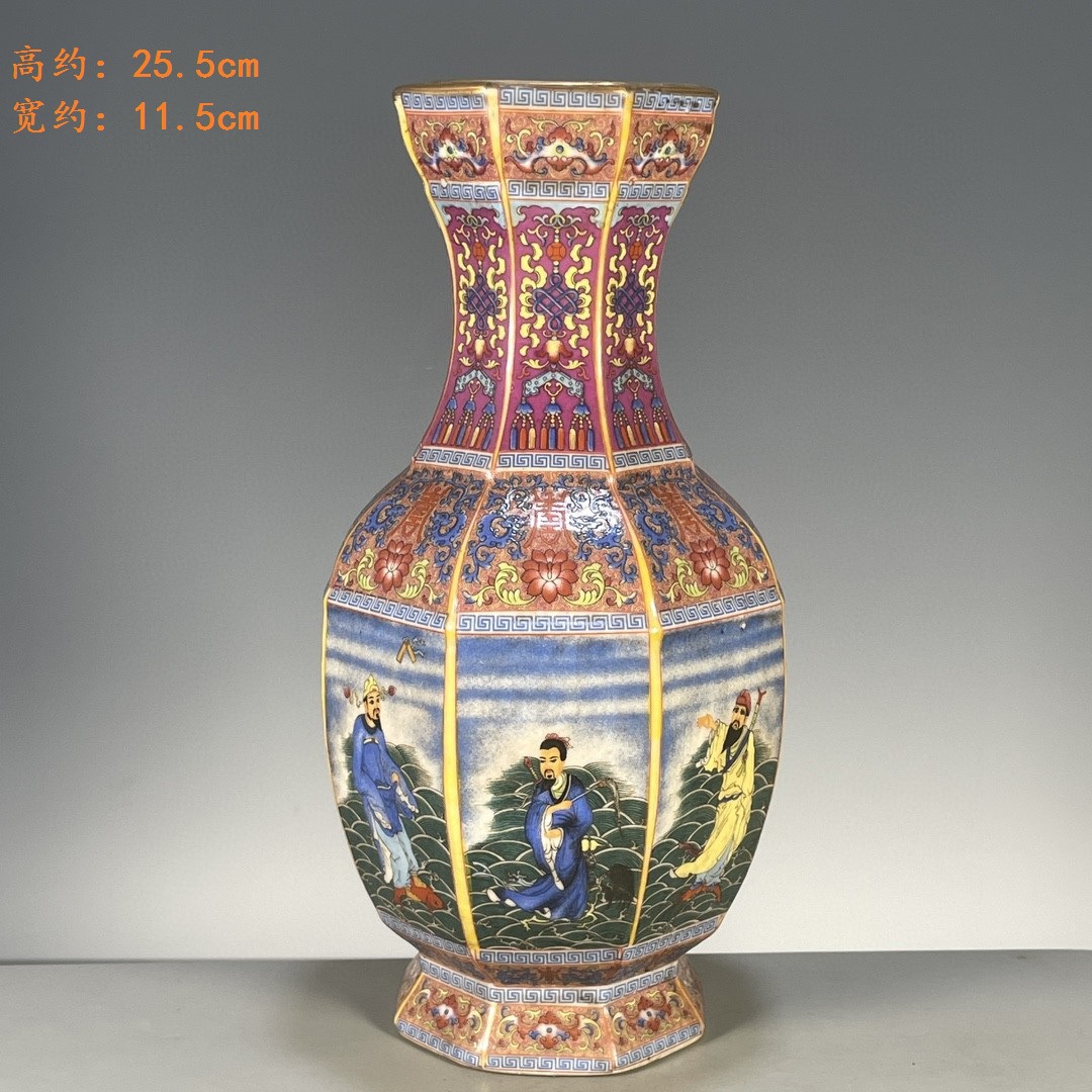 大清雍正年制珐琅彩人物图纹六棱瓶海外回流古董古玩瓷器用品