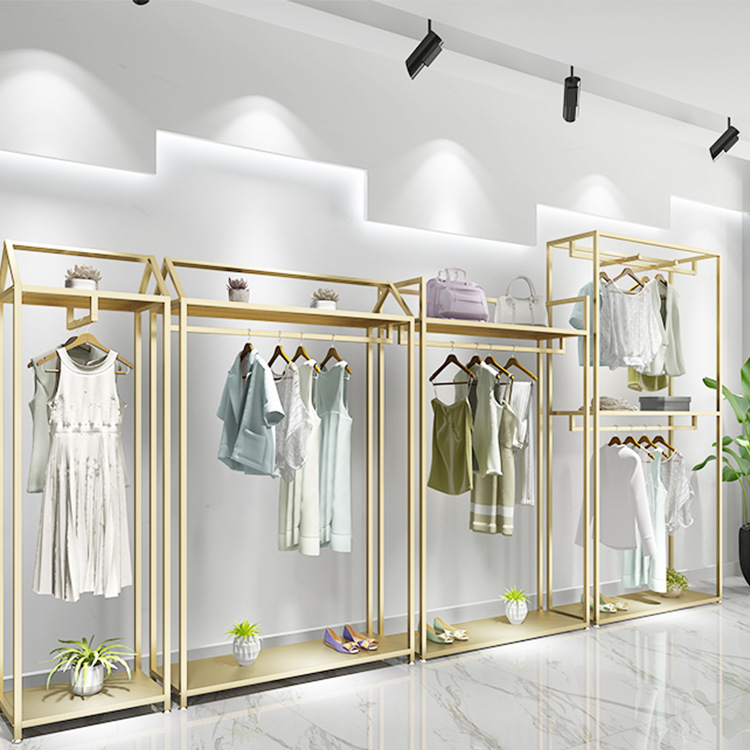 金色服装店展示架落地式双层挂衣架子男女装店铺装修设计高柜货架