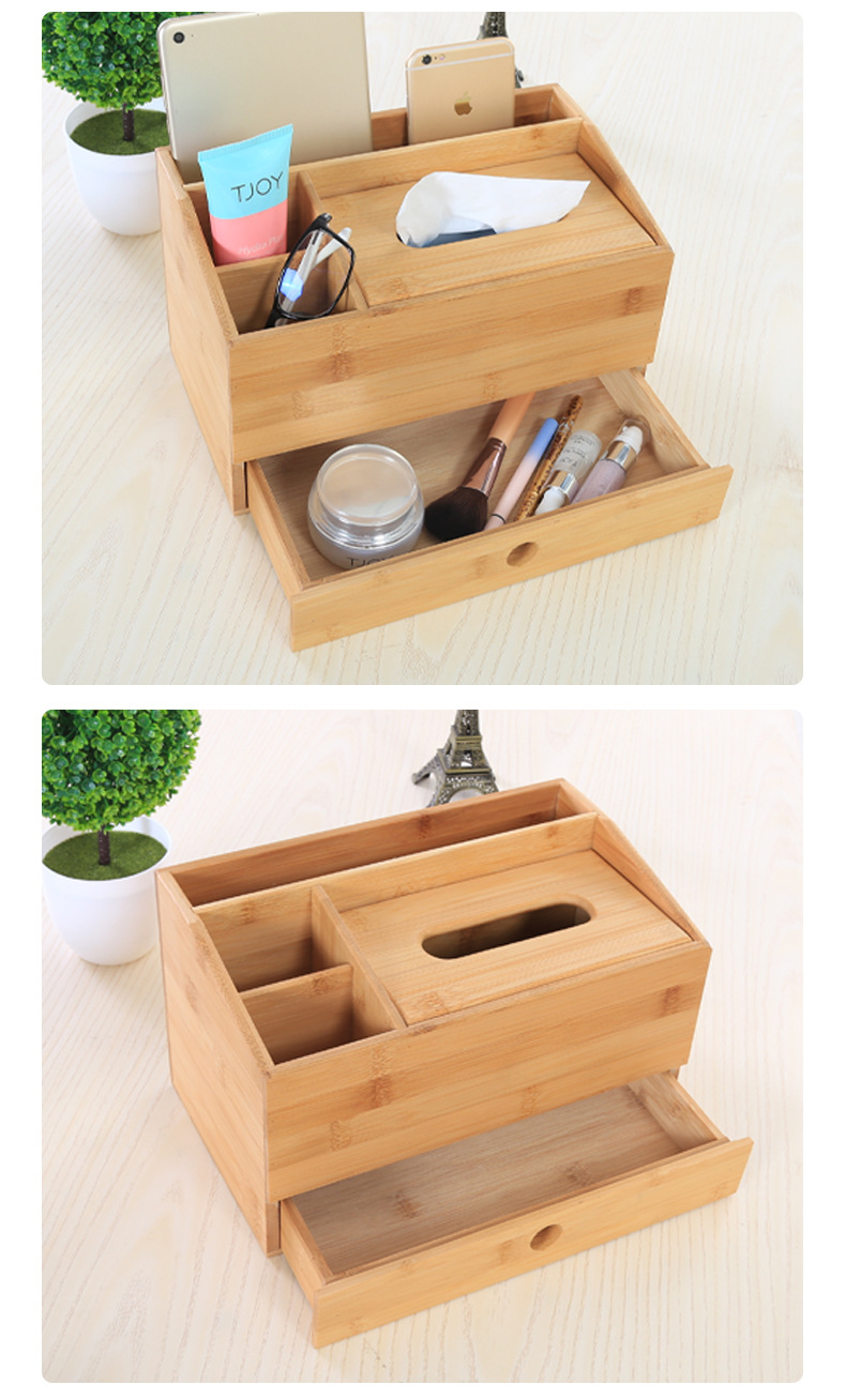 多功能竹木质抽屉式收纳盒 创意大桌面首饰品收纳盒纸巾盒定制