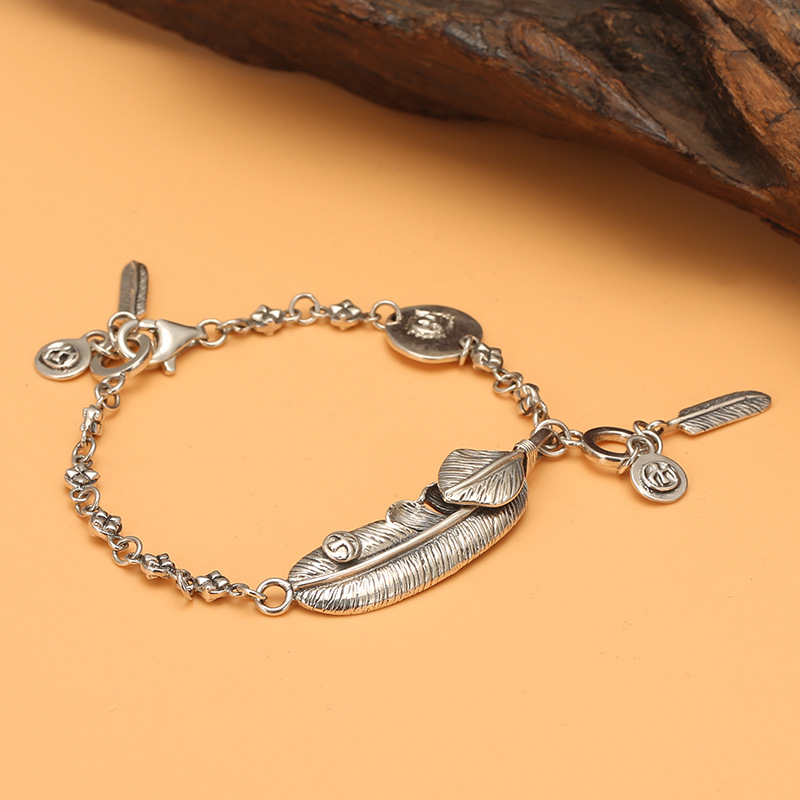 s925银韩版时尚goros手链泰银高桥吾郎羽毛手饰流苏日系ins气质女