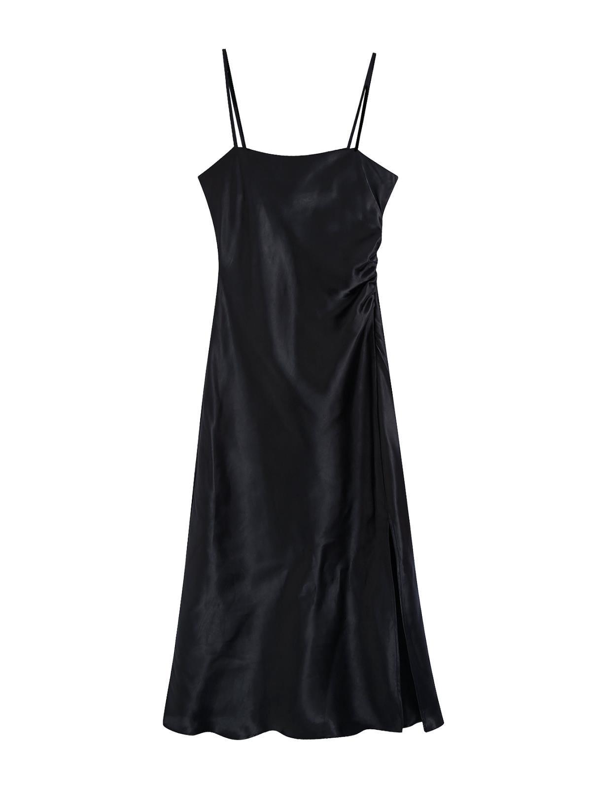 2022夏季新款欧美时尚气质女装黑色褶皱开叉内衣式吊带收腰连衣裙
