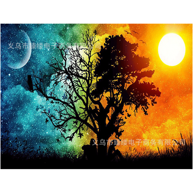 新款5d钻石画diy贴钻画太阳与月亮情侣树十字绣满钻简约装饰挂画