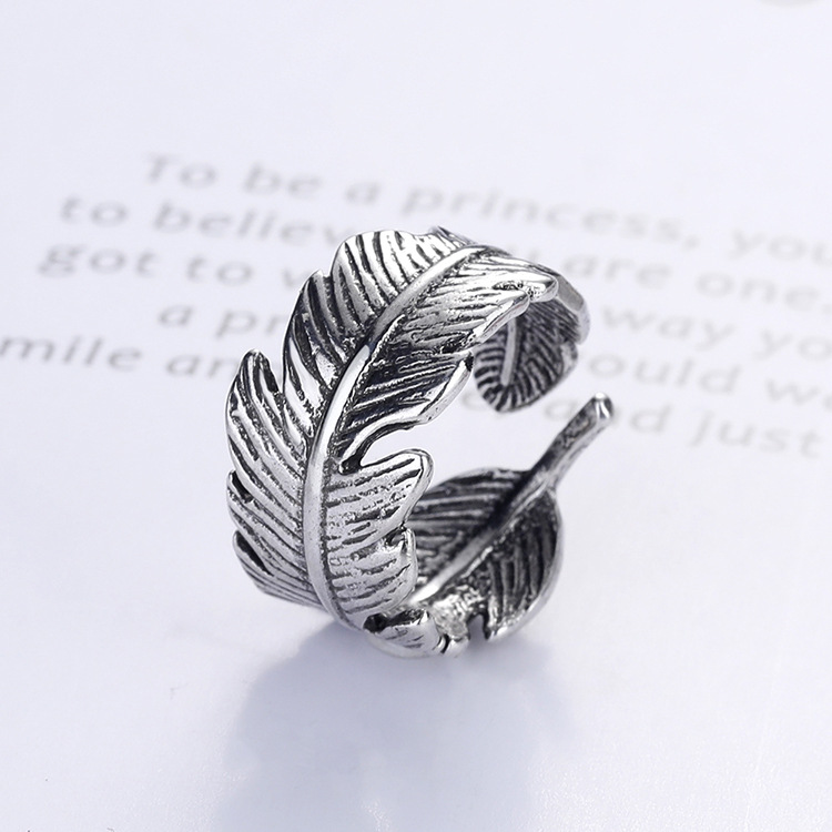 女士羽毛戒指复古氧化泰银 ins潮冷淡风芭蕉树叶学生情侣款指环