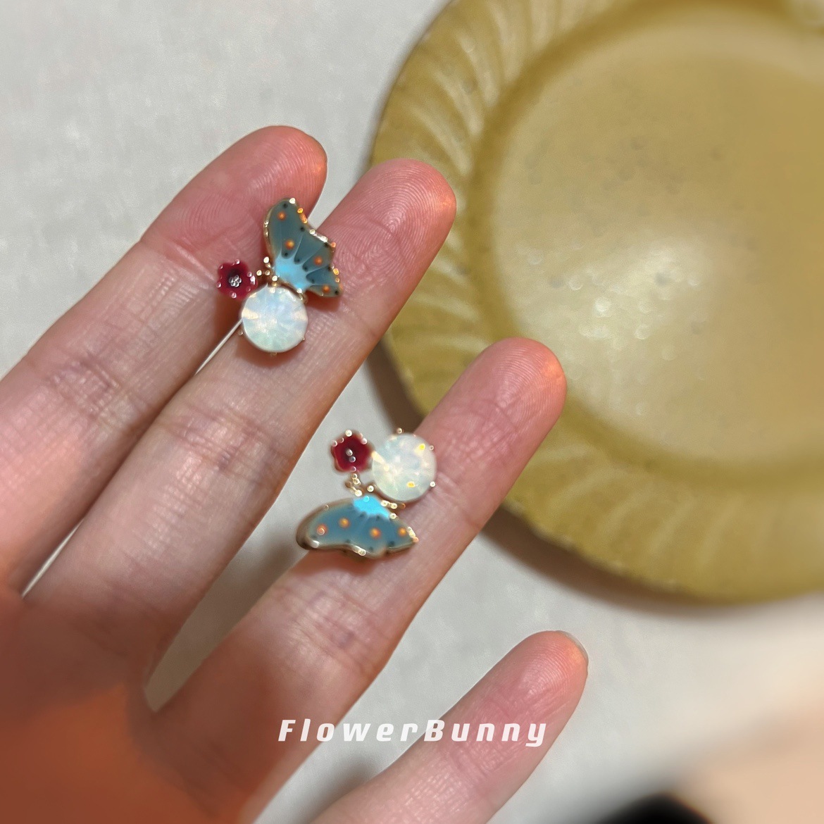 French Oil Painting Art Painted Enamel Small Butterfly Opal Special-Interest Design Stud Earrings Sterling Silver Needle Flower Earrings