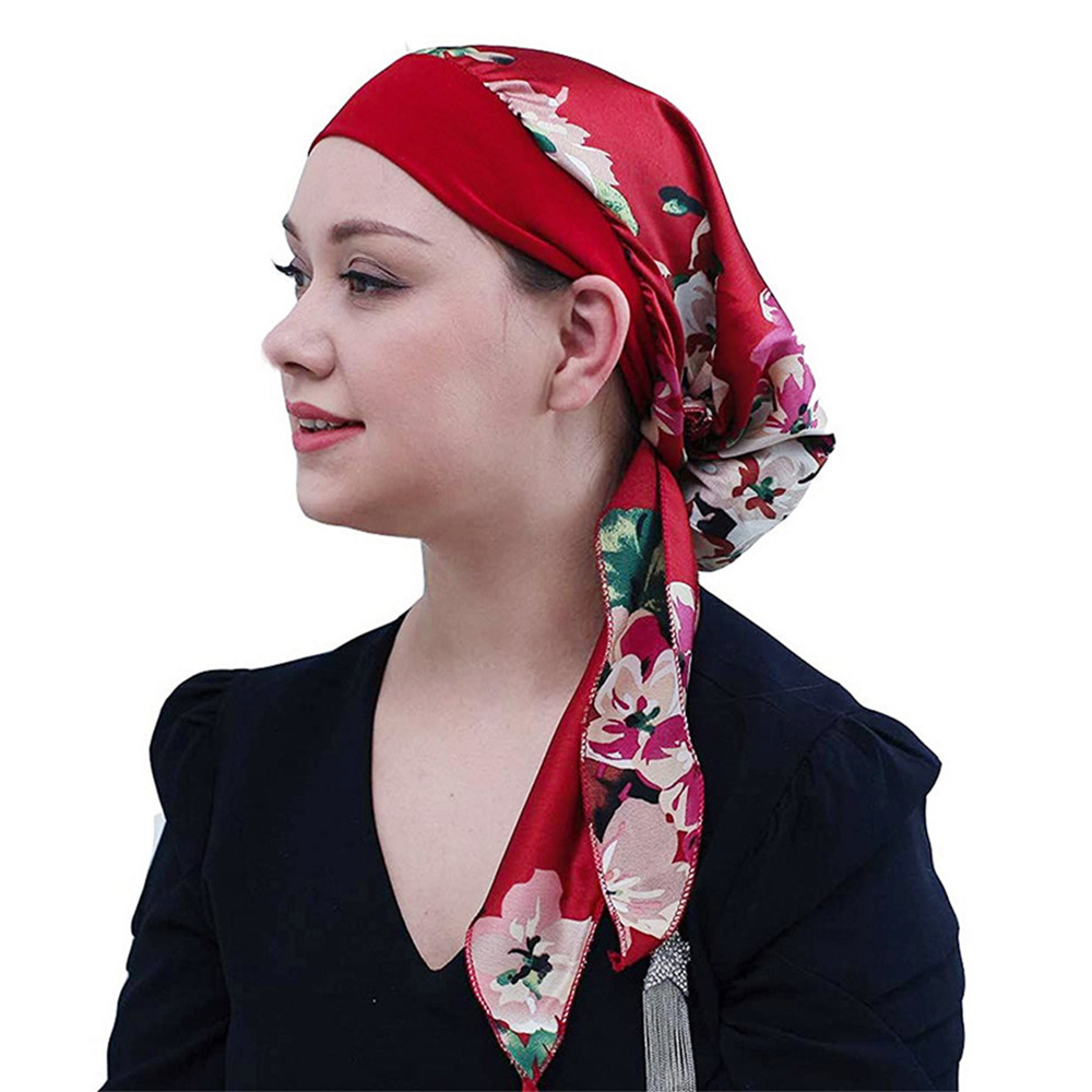 亚马逊仿真丝色丁弹力宽边头巾帽 民族包头帽 女士印花睡帽化疗帽