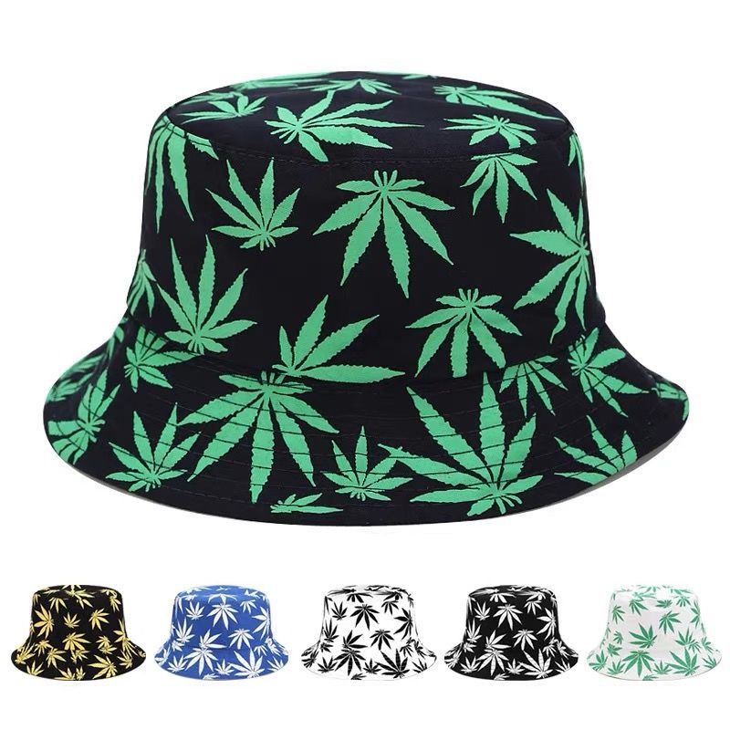 Bucket Hat Female Spring and Autumn Japanese Style Couple Bucket Hat Double-Sided Wear Cold Ice Leaf Printed Fashion All-Matching Fashion Hat Male