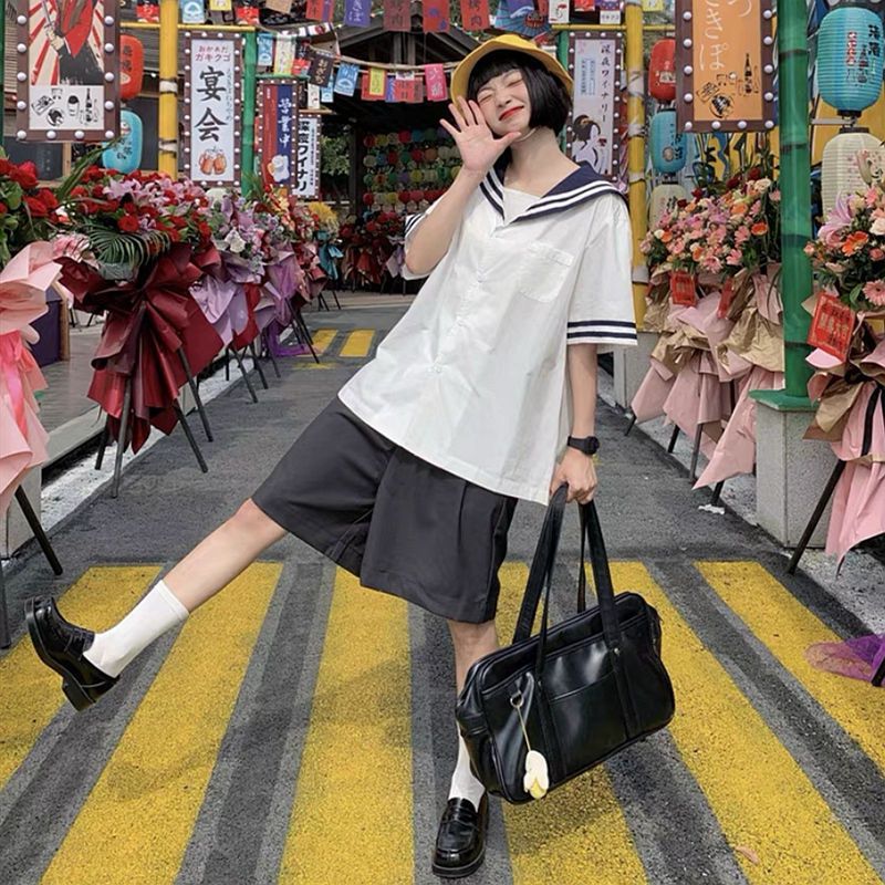 日系海军领jk制服衬衫套装全套学院风宽松水手服短袖衬衣女短裤夏