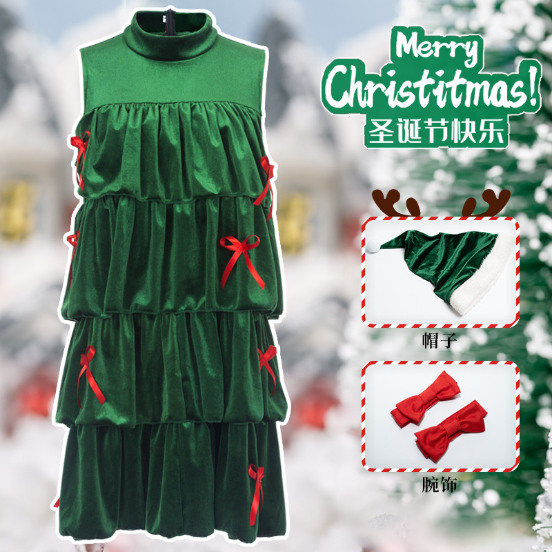 狂欢圣诞衣服绿色圣诞树蛋糕裙派对化妆舞会圣诞节服装女演出服
