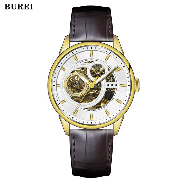 burei宝梭瑞士手表腕表男士全自动机械表防水镂空夜光真皮9005