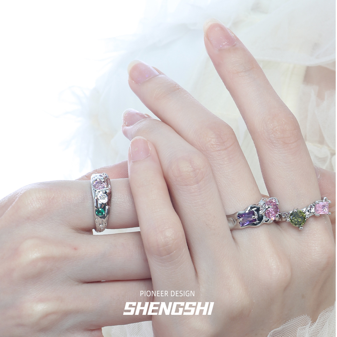 Original Korean Style Ring Female Wholesale Color Zircon Special-Interest Design Light Luxury Sweet Cool Wind Temperament Wild Open Ring