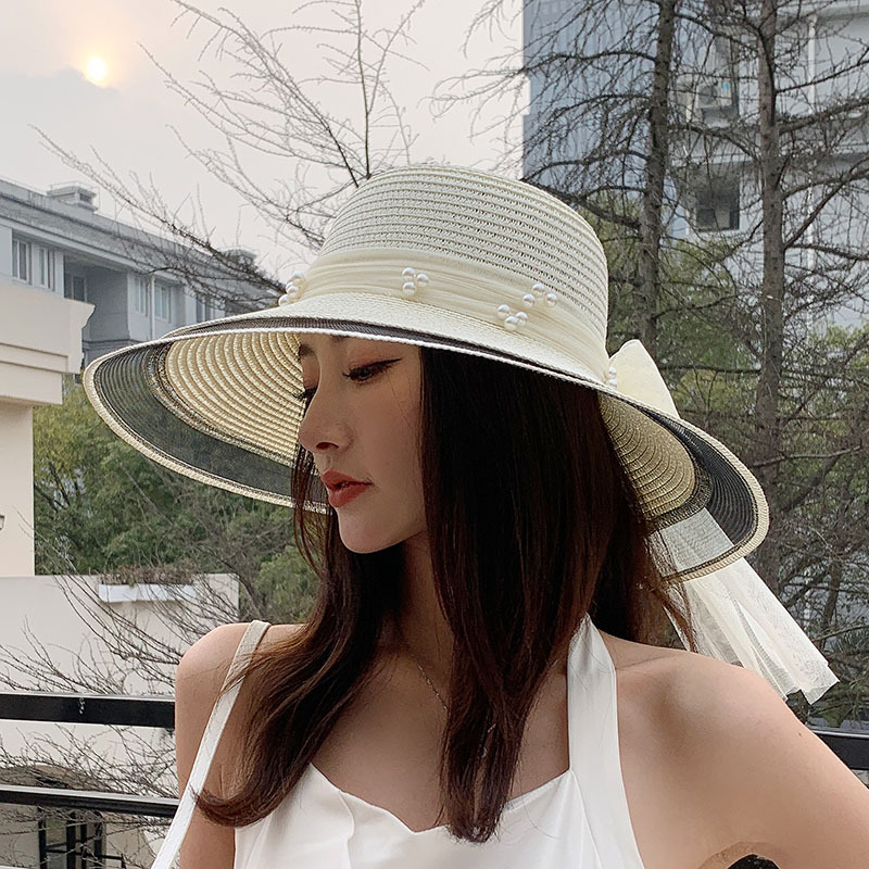 Pearl Large Brim Mesh Straw Hat Bow Silk Scarf Decorative Hat Beach Photography Travel Vacation Sun Hat Fashion