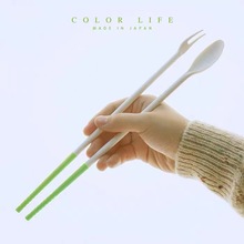 日本进口硅胶筷子厨房料理隔热硅胶头长筷汤勺叉子套装绿粉混装