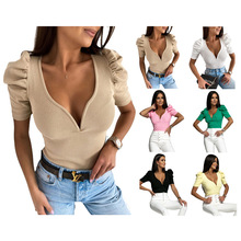 2023新款亚马逊独立站ebay热卖 跨境泡泡袖短袖修身V领衬衫女