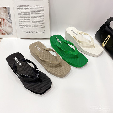 qybaby厚底人字拖鞋网红爆款女夏季方头5cm时尚夹脚拖鞋外穿防滑