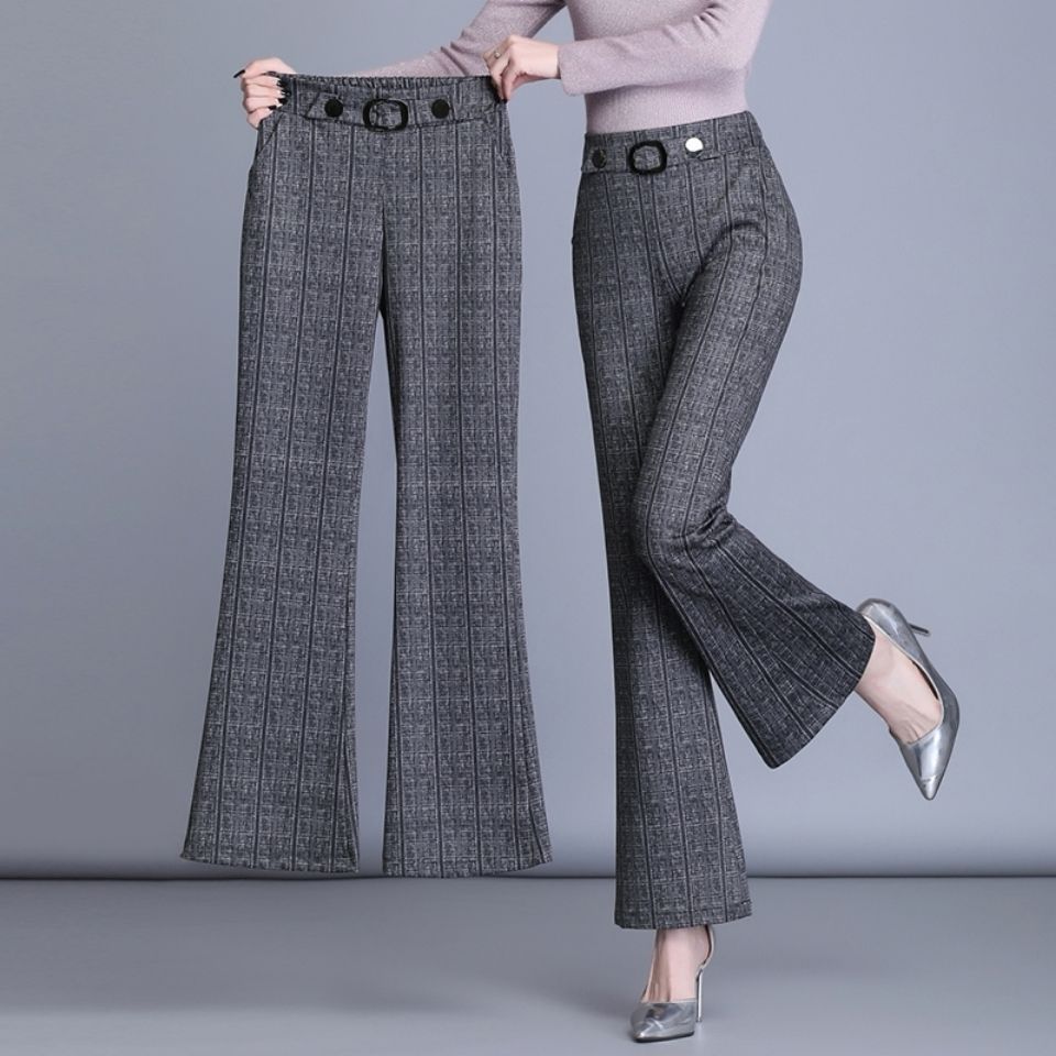 秋款高腰大码微喇裤女新款格子裤子显瘦百搭直筒裤休闲九分长裤女