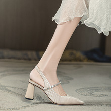法式玛丽珍女鞋2023春新款时尚尖头小香风粗跟单鞋仙女水钻凉鞋