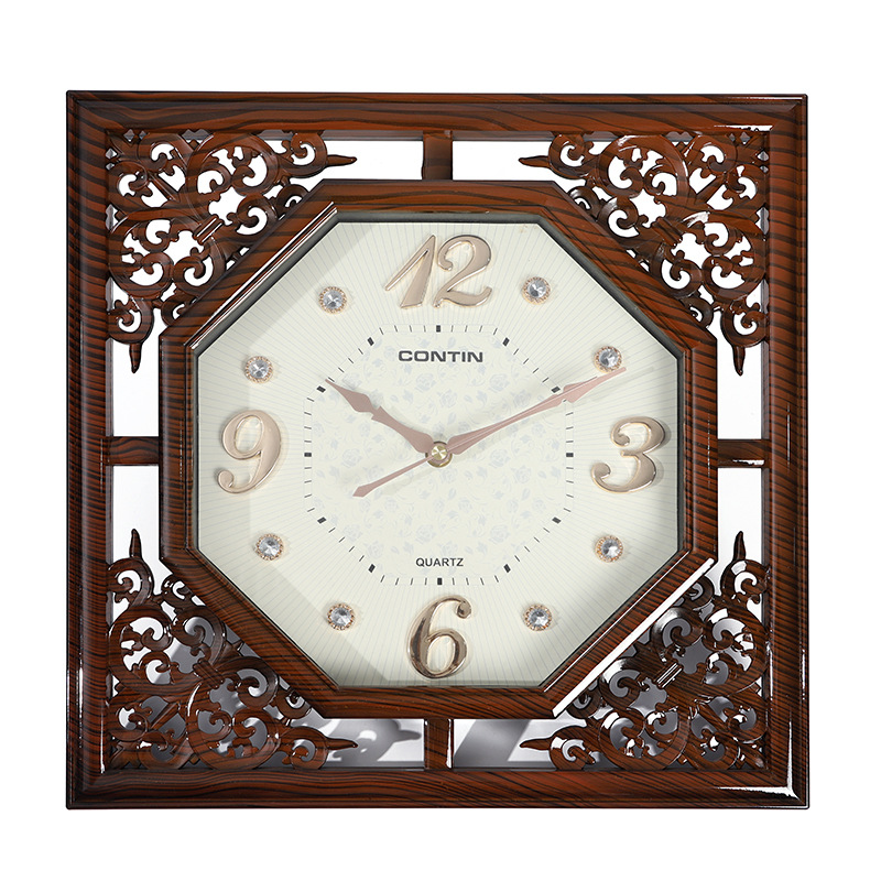 Kangtian in Stock Wholesale New Chinese Square Carved Antique Clock Digital Wall Clock Factory Direct Supply