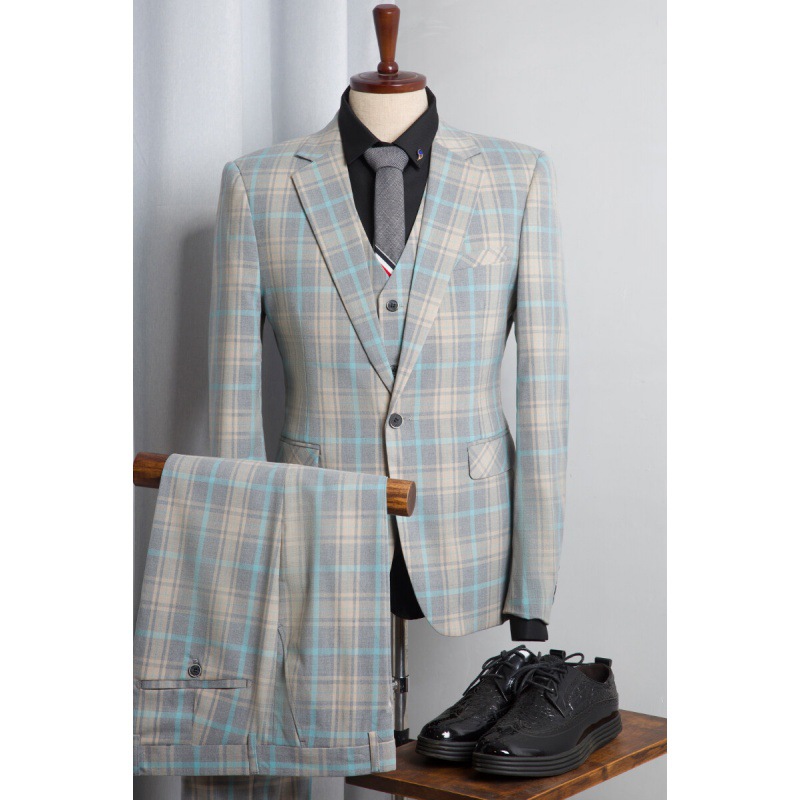 韩版男士休闲时尚格子西服两件套装青年新郎结婚西装礼服千格鸟潮