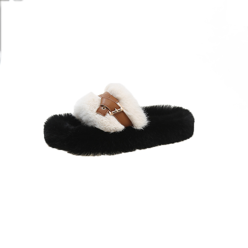 Thick Bottom Belt Buckle Fluffy Slippers Female 2023 Autumn and Winter New Korean Style Mid-Heel Outdoor Large Size Plush Slippers Female Fashion