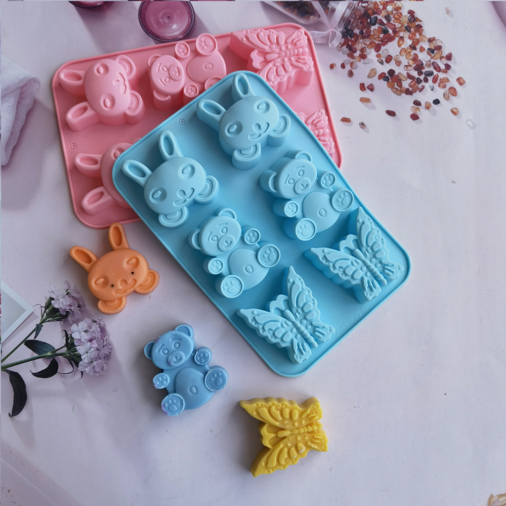 Silicone 6-Piece Bear and Rabbit Butterfly Cake Mold Mousse Cake Mold Aromatherapy Candle Mold Chocolate Mold Easily Removable Mold