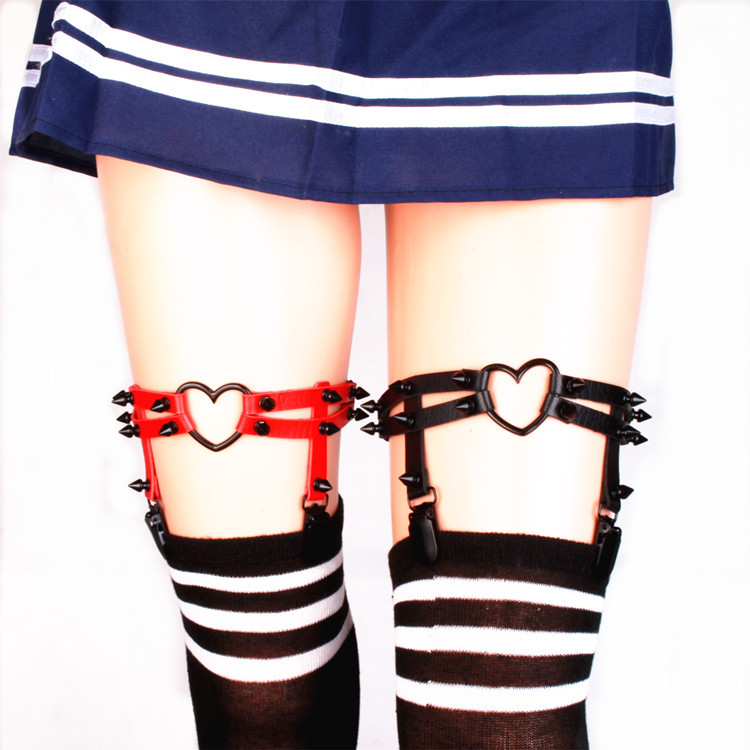 欧美朋克暗黑尖钉桃心爱心pu皮腿环 夜店演出性感情趣吊袜带饰品