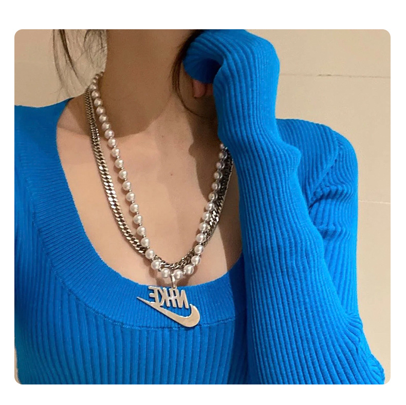 jit打勾街头勾勾耐克珍珠项链双层嘻哈小红书同款男女锁骨链配饰